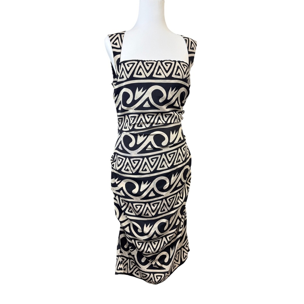 Nicole Miller Collection Black White Geometric Silk Ruched Bodycon Dress Sz 10‎